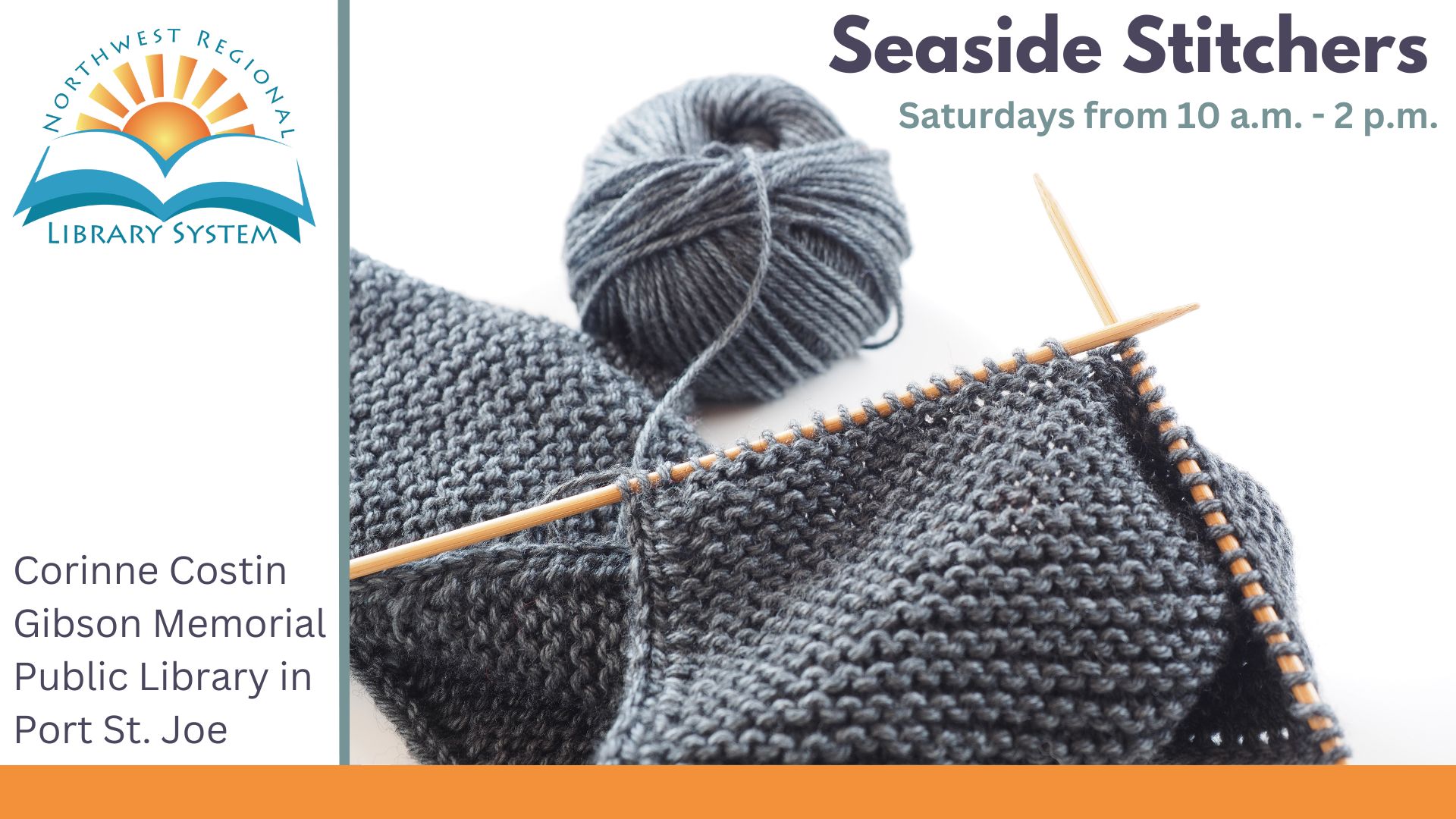 Seaside Stitchers knitting yarn skein and knitting project with grey yarn