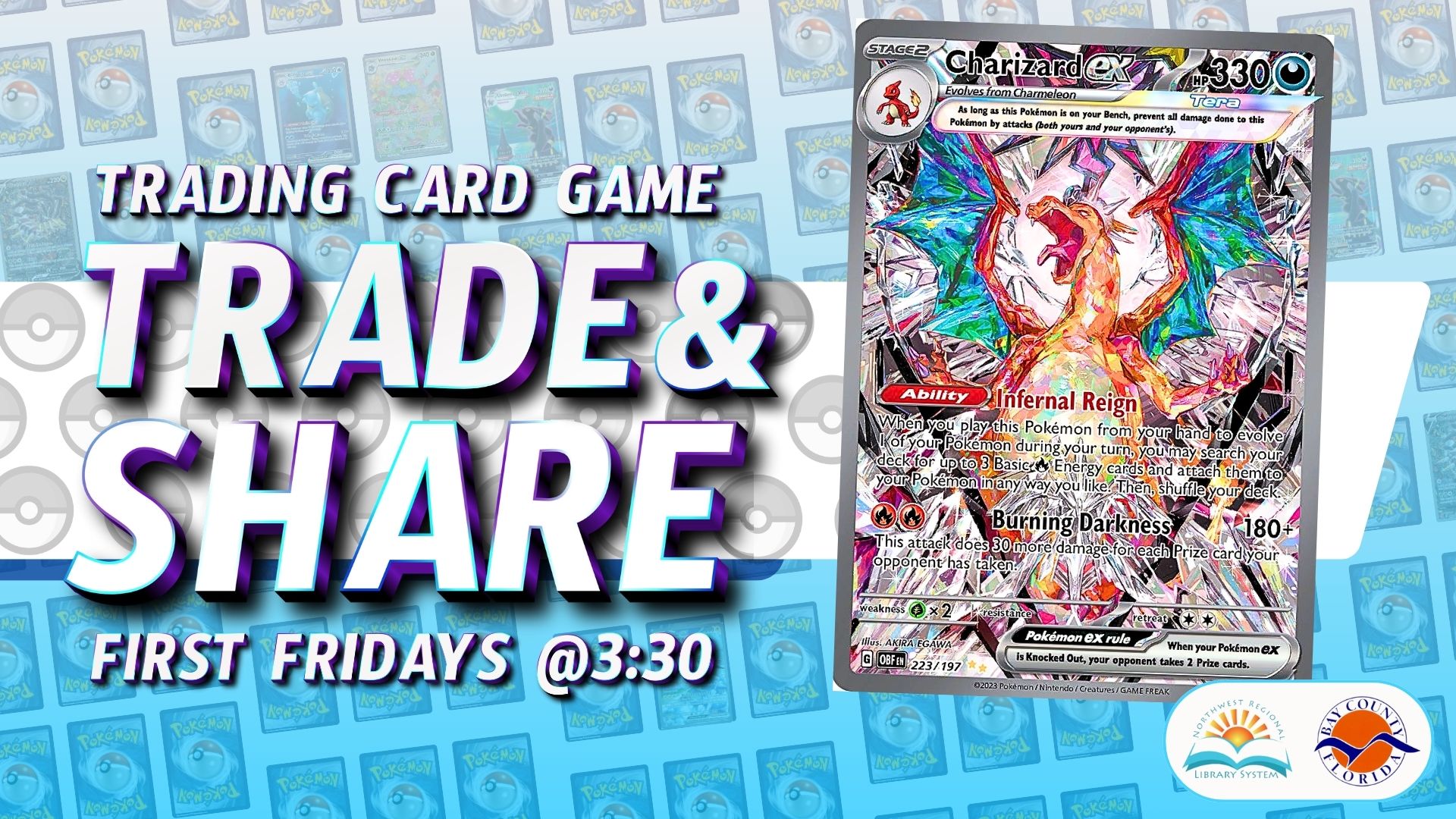 Trading Card Game Trade & Share First Fridays at 3:30 with an image of a Charizard Pokemon card