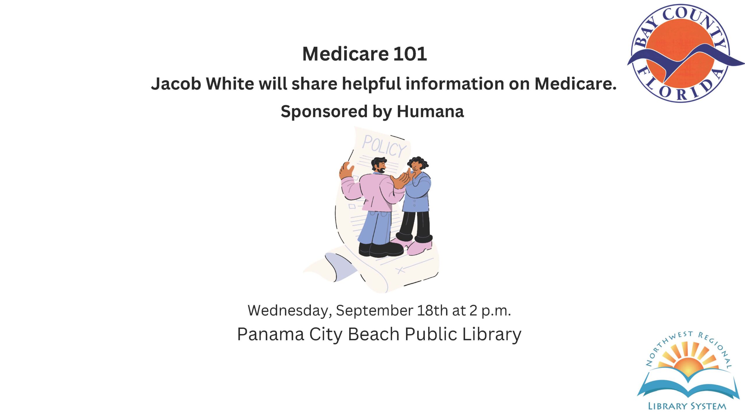 medicare 101 with an illustration of two men looking at a policy