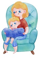 a comfy teal chair with a mom and child on her lap reading a book with saturn on the cover