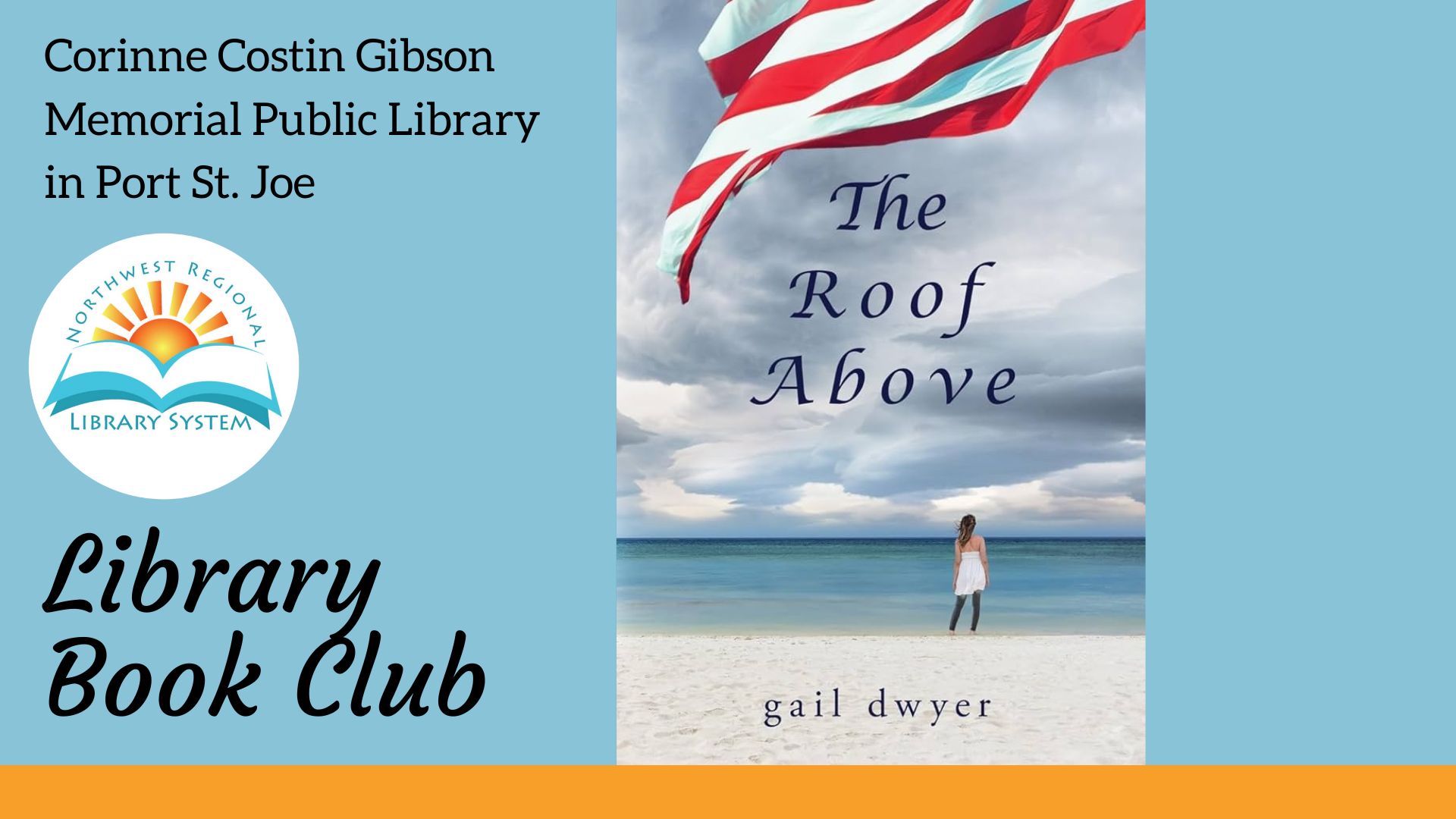 The roof above cover of a woman on the beach with a flag flying above and clouds