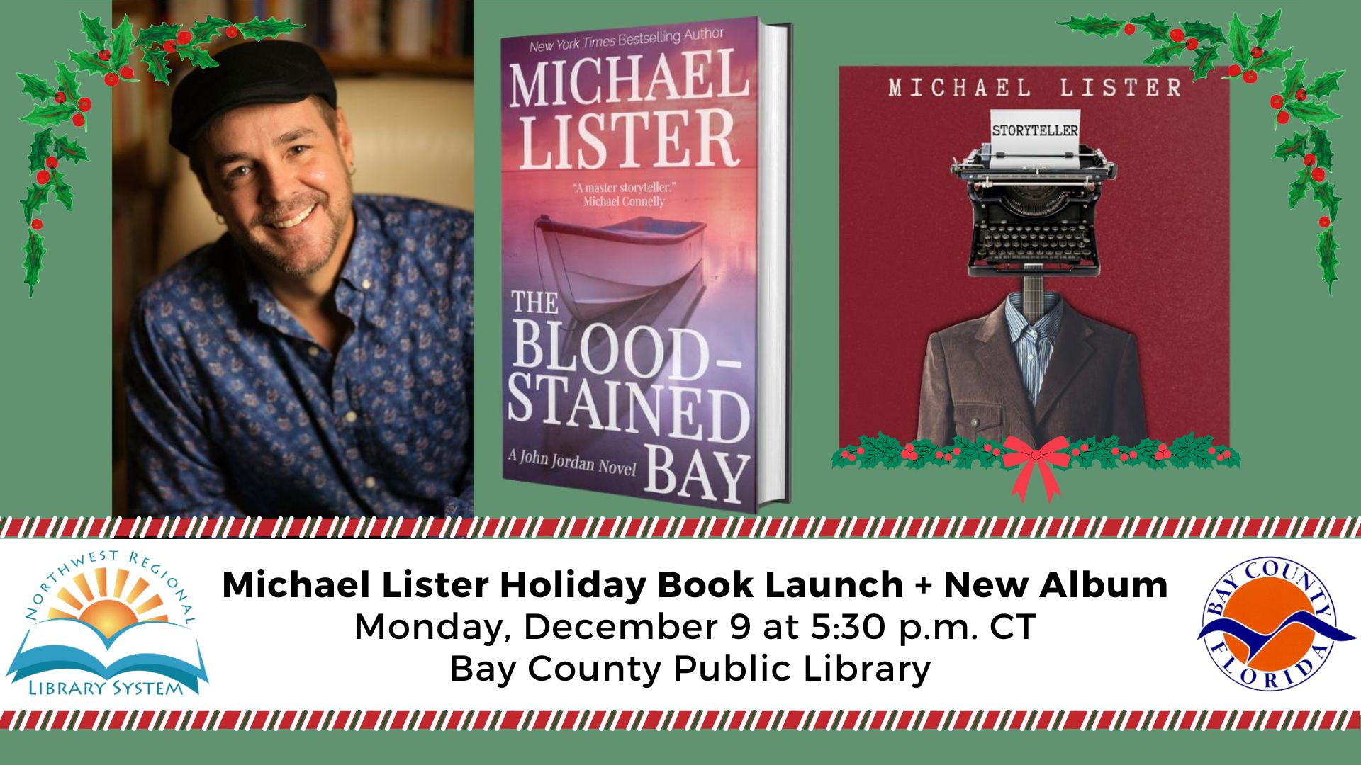 Michael Lister author photo and the book cover of The blood stained bay with a boat in the water and then his cd album where the head of the man is a typewriter